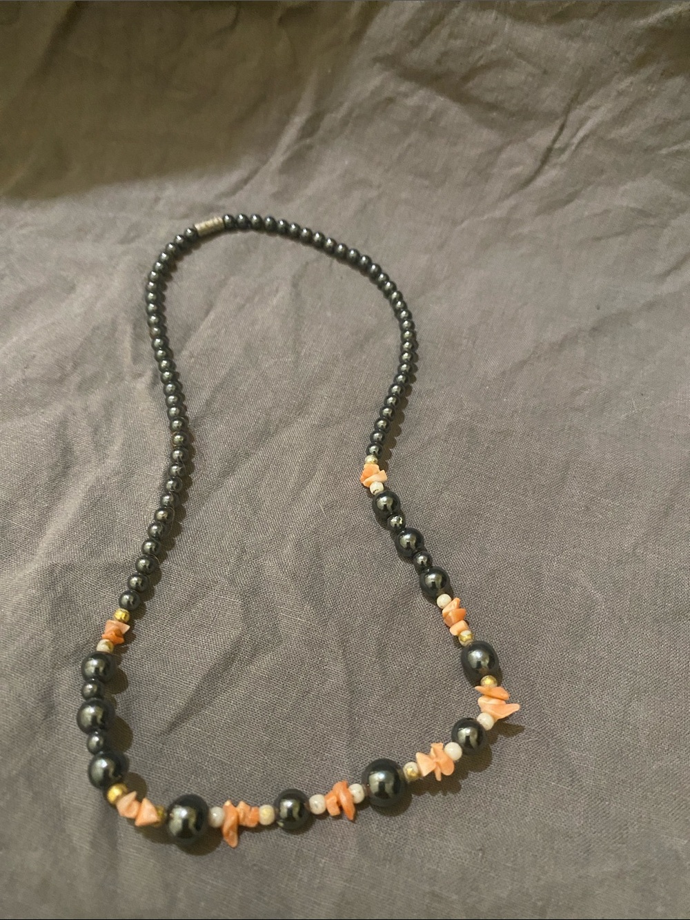 Vintage Black Beaded Necklace with Coral-and-Gold Accents